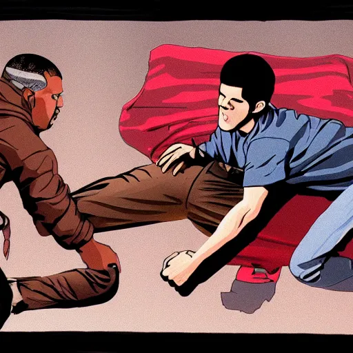 Prompt: Kanye West beating up Pete Davidson in Akira (1988), detailed, illustration, 8K concept art, cel shaded