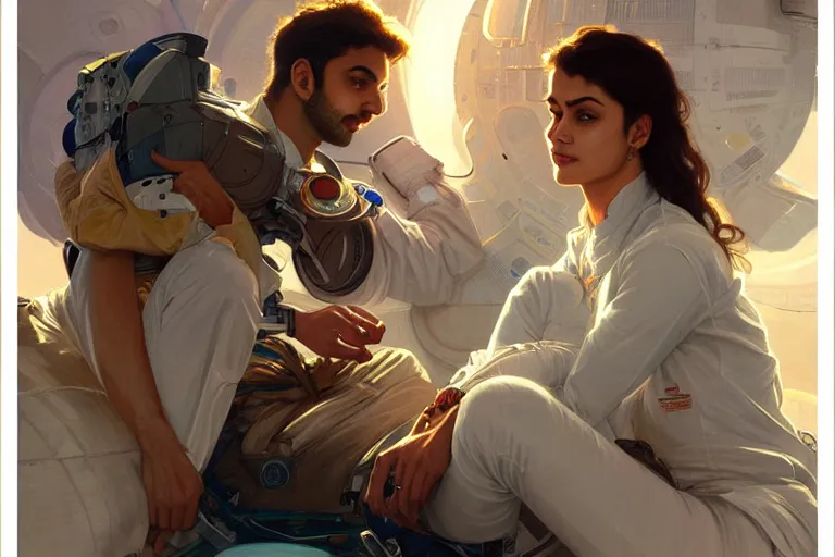 Image similar to Pensive good looking pale young Indian doctors wearing jeans in a space station above Earth, portrait, elegant, intricate, digital painting, artstation, concept art, smooth, sharp focus, illustration, art by artgerm and greg rutkowski and alphonse mucha