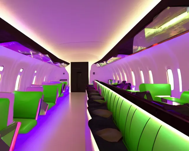 Prompt: Bar and nightclub inside a widebody plane with neon lights and sofas filled with partygoers, digital rendering, unreal engine 5
