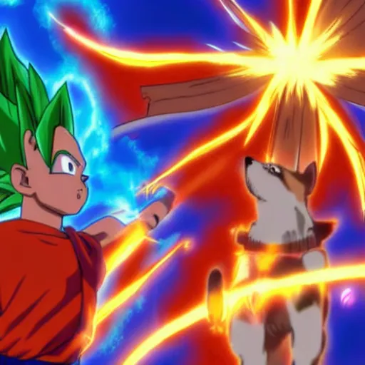 Image similar to ssj2 songoku with shiba inu head shooting an energy beam