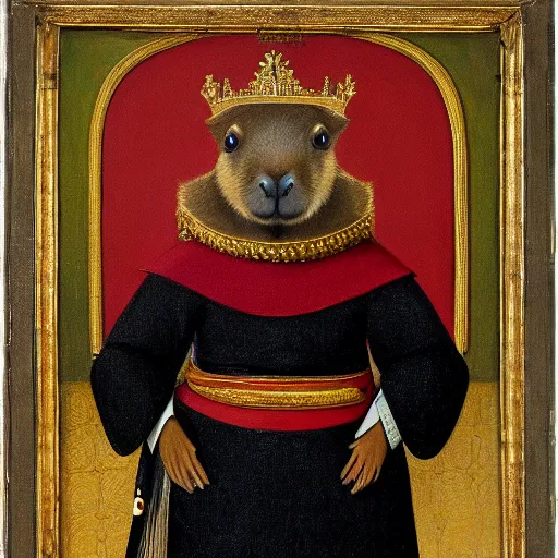 Image similar to an oil painting portrait of a capybara wearing medieval royal robes and an ornate crown on a dark background