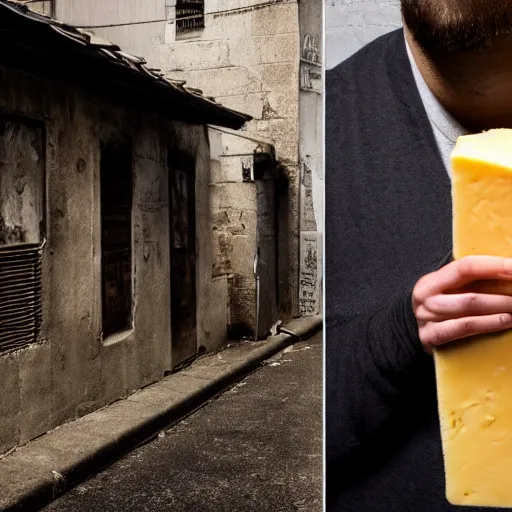 Image similar to photo of a very suspicious shady man holding cheese in a dark alleyway