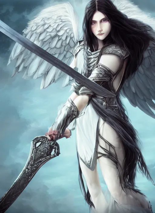 Prompt: An epic fantasy comic book style portrait painting of a pale girl with long black hair, she is wearing a knight armor, white angel wings, holding a sword, Unreal 5, DAZ, hyperrealistic, octane render, cosplay, RPG portrait, dynamic lighting