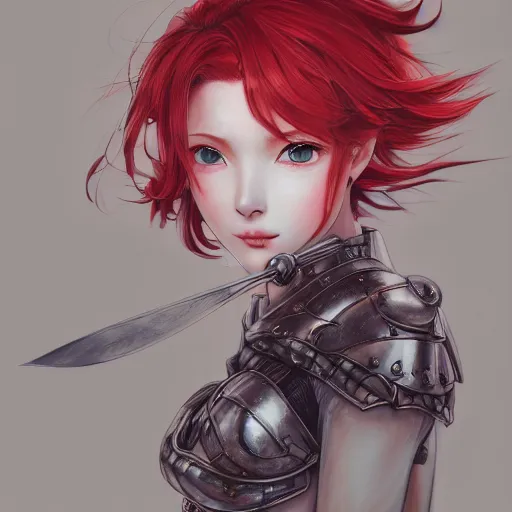 Image similar to a red haired female knight as an absurdly beautiful, elegant, mid - 2 0 s sensual anime girl, ultrafine hyperrealistic detailed face illustration by kim jung gi, irakli nadar, intricate linework, sharp focus, bright colors, matte, octopath traveler, final fantasy, unreal engine highly rendered, global illumination, radiant light, intricate environment