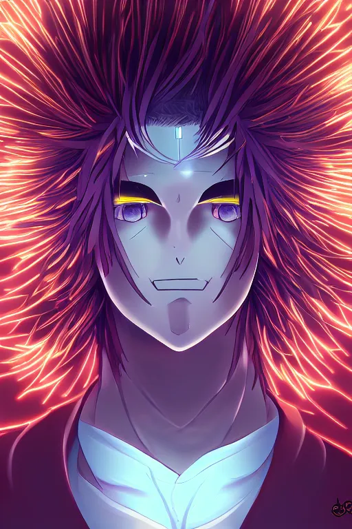 Image similar to glowing luminescent dandelion male anime character, symmetrical, highly detailed, digital art, sharp focus, trending on art station, amber eyes, autumnal colours