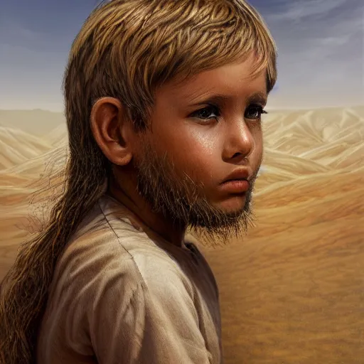 Image similar to a detailed portrait of a tan boy in the desert, fantasy art illustration, incredibly highly detailed and realistic, 8 k, sharp focus