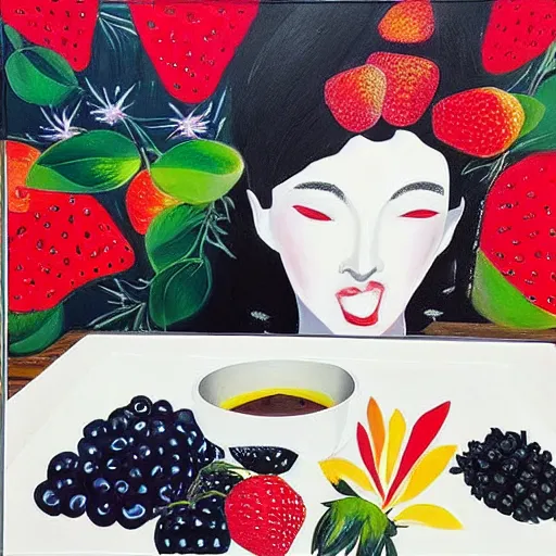 Prompt: “art in an Australian artist’s apartment, portrait of a woman wearing black silk cloth, eating luscious fresh raspberries and strawberries and blueberries, white wax, edible flowers, Japanese pottery, ikebana, black walls, acrylic and spray paint and oilstick on canvas”