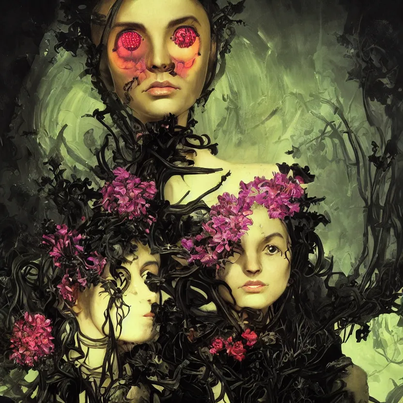 Prompt: baroque neoclassicist close - up sci - fi portrait of a fantasy young witch girl overgrown with flowers and big glowing eyes. iridescence. dark black ominous background, glowing atmosphere. highly detailed science fiction horror fantasy painting by norman rockwell, frank frazetta, and syd mead. rich colors, high contrast, gloomy atmosphere. trending on artstation and behance.