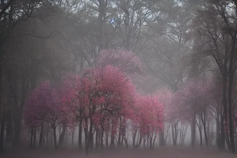 Prompt: purple hills in fog, trees made of liquid melted wax paper, tall red brutalist desert gothic cathedral