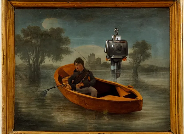 Prompt: a portrait of a robot sitting in a small boat fishing in a renaissance castle flooded with water,