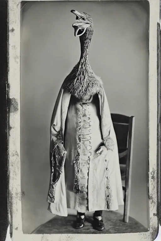 Image similar to a wet plate photo of an anthropomorphic ostrich dressed as pope