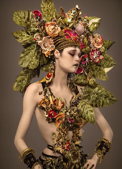 Image similar to full body environmental portrait photo of a female model, ornate headpiece made from flowers, ornaments, glamour shot by gemmy woud - binnendijk, chris knight, photorealistic, canon r 3, fashion photography, ornate, symmetrical features, octane render, unreal engine, solid dark background, clamp shell lighting, rim lighting