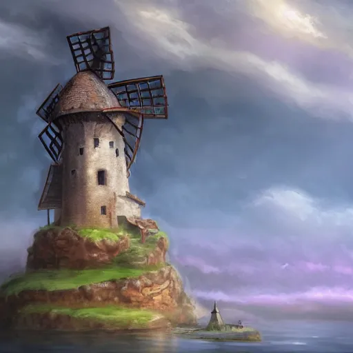 Image similar to A floating island in the clouds with a small medieval village and a windmill on top of it, D&D, magical, highly detailed, digital painting, trending on artstation, 8k