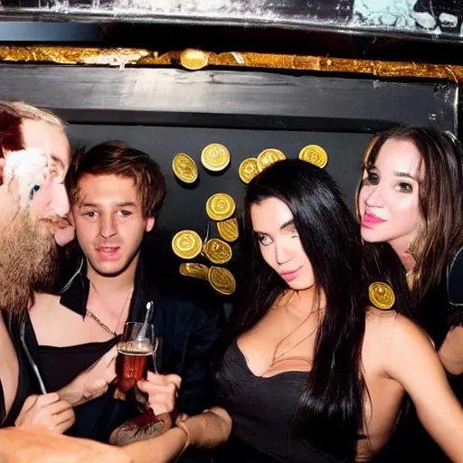 Prompt: private booth in a club with beautiful girls and two guys throwing money made by banksy