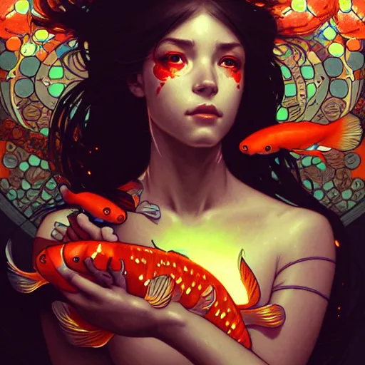 Image similar to Portrait of a cyborg girl surrounded by glowing Koi fish, face, fantasy, intricate, elegant, highly detailed, digital painting, artstation, concept art, smooth, sharp focus, illustration, art by Krenz Cushart and Artem Demura and alphonse mucha