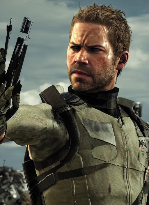 Prompt: film still of paul walker as snake in metal gear solid the phantom pain, gameplay, 8 k, hd