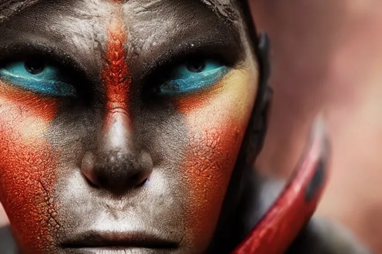 Prompt: VFX movie of a futuristic alien warrior closeup portrait in war zone, beautiful colorful skin and gills natural lighting by Emmanuel Lubezki