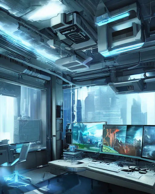 Image similar to artstation scifi scene of a complex computer workstation in a small studio apartment room, many monitors, many electronics, a window view, a tall floor plant, very detailed, maximalism, ambient occlusion, volumetric light, atmospheric haze, unreal engine, hyper realism, realistic shading, cinematic composition, realistic render, octane render, detailed textures, photorealistic, wide shot