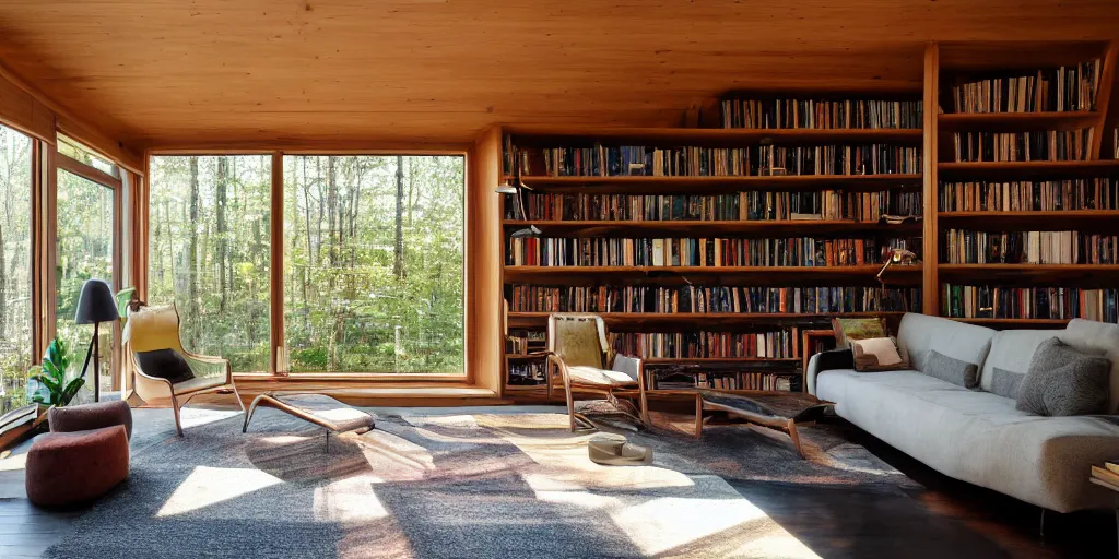 Prompt: Extremely detailed wide angle photograph, atmospheric, light bloom, sunlight shining through windows, trees outside, reflections, award winning contemporary interior design living room, forest house, cozy and calm, fabrics and textiles, colorful accents, reflective brass and copper decorations, reading nook, many light sources, lamps, oiled hardwood floors, book shelf, small library, accent geometric wood panels on walls couch, desk, balcony door, plants