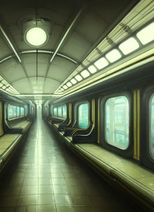 Image similar to perfectly - empty subway train interior, intricate, highly detailed, digital painting, artstation, concept art, smooth, sharp focus, illustration, unreal engine 5, 8 k, art by artgerm and greg rutkowski and alphonse mucha