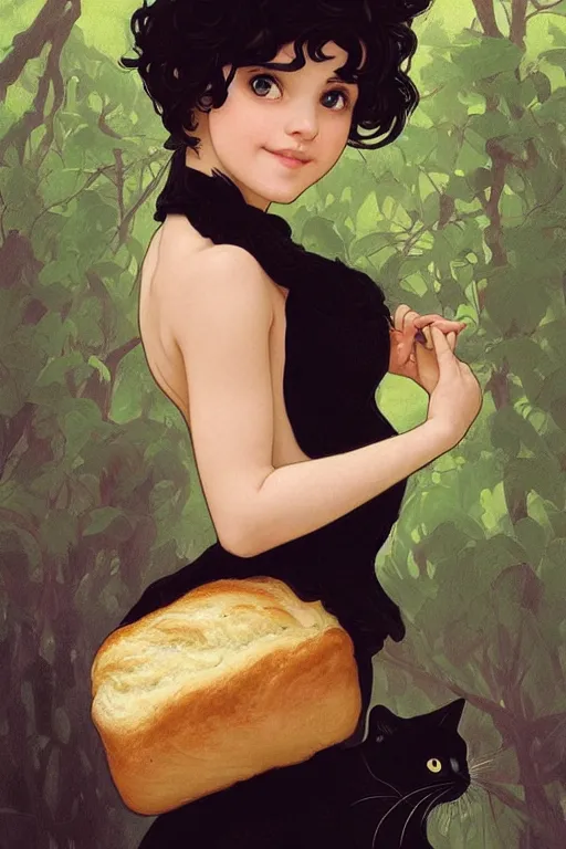 Image similar to beautiful cottagecore of a girl with short black curly hair, round face, cute face, holding a loaf of bread. There's also a black cat on her shoulder. intricate, elegant. highly detailed, digital painting, artstation, concept art, smooth, sharp, focus, illustration. . art by artgerm and greg rutkowski and alphonse mucha