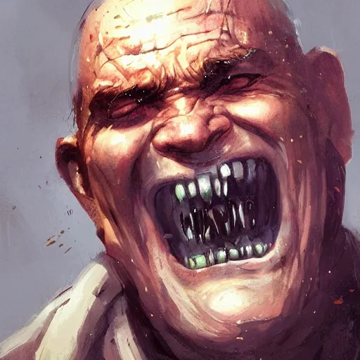 Image similar to old man portrait, grenade in his teeth, greg rutkowski art