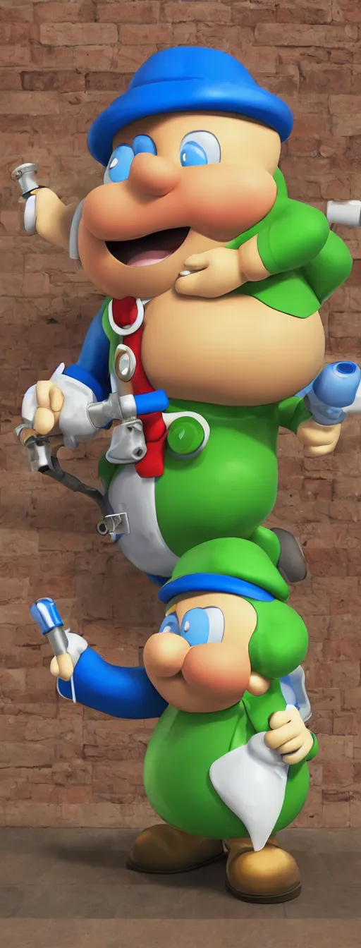 Image similar to fat plumber looking puzzled at a pipe