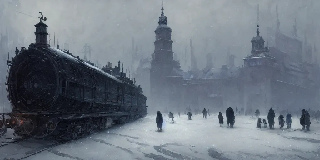 Image similar to snowpiercer travels through the icy city of warsaw, poland. frostpunk by greg rutkowski, gustave courbet, rosa bonheur, edward hopper. faithfully depicted architecture, realistic, sharp focus, global illumination, radiant light, detailed and intricate environment, trending on artstation