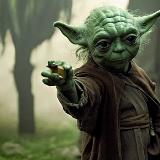 Image similar to yoda as tyrion lannister holding a crossbow in game of thrones, movie still
