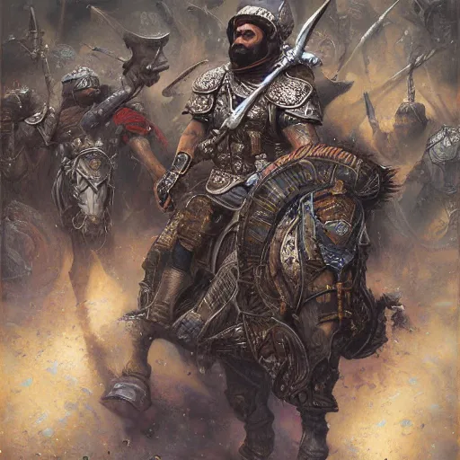 Image similar to the strongest persian warrior, face covered in shadows by his helmets, highly detailed painting by donato giancola and bayard wu, 8 k, digital art
