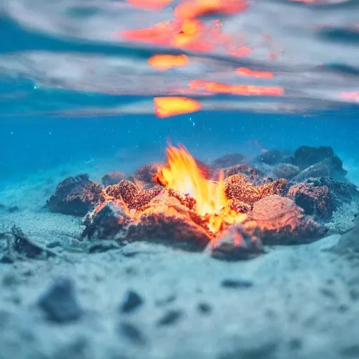 Prompt: photo of a camp fire underwater, sharp focus, highly - detailed, award - winning