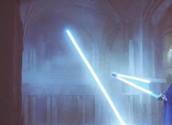 Image similar to screenshot of the force ghost glowing blue spirit of qui gon jinn speaking to Luke skywalker, in a hazy lit ancient Jedi cathedral, screenshot from the 1970s star wars thriller directed by stanley kubrick, Photographed with Leica Summilux-M 24 mm lens, ISO 100, f/8, Portra 400, kodak film, anamorphic lenses