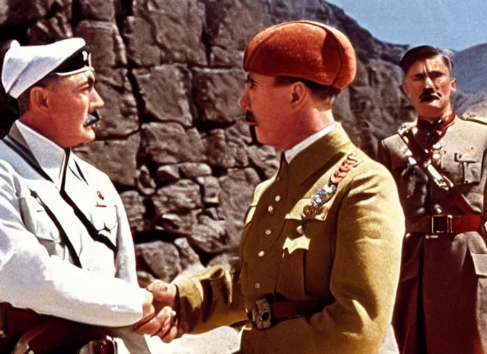 Image similar to a film still of josef stalin vs adolf hitler in lawrence of arabia ( 1 9 6 2 ), technicolor