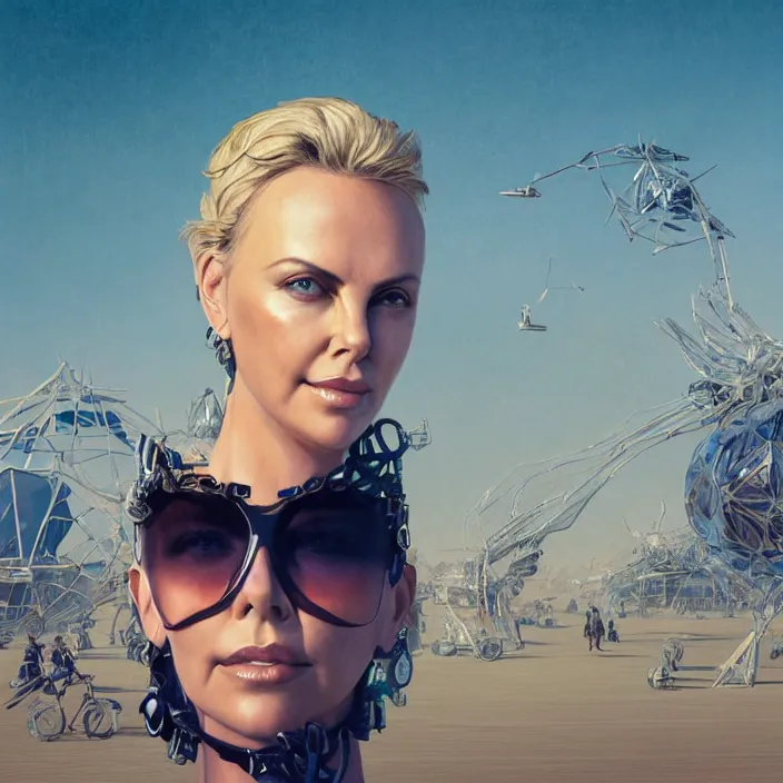 Image similar to portrait of Charlize Theron at Burning Man. intricate abstract. intricate artwork. by Tooth Wu, wlop, beeple, dan mumford. octane render, trending on artstation, greg rutkowski very coherent symmetrical artwork. cinematic, hyper realism, high detail, octane render, 8k, iridescent accents