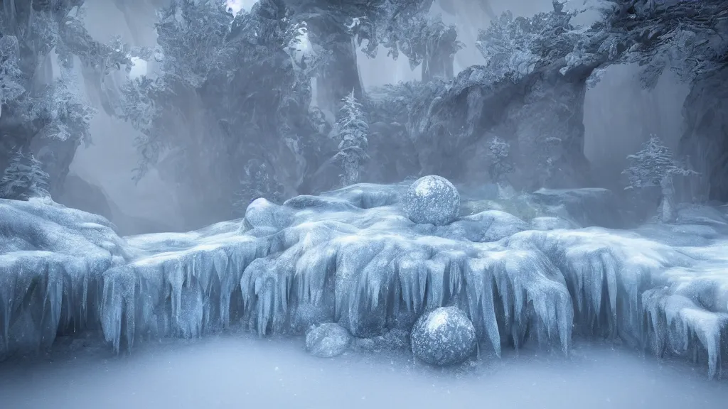 Prompt: 3d rendering of fantasy little frosted planet on frozen waterfall surface, foggy atmosphere, volumetric lighting, fantasy artwork, very beautiful scenery, very realistic painting effect, hd, hdr, unreal engine 5, cinematic 4k wallpaper, 8k, ultra detailed, high resolution, artstation