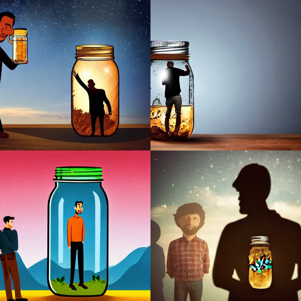 Prompt: A man standing inside of a mason jar while a giant peers at him, fantasy.