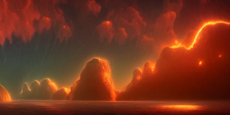 Image similar to throng of various alien flying shiny fish - like creatures, in the style of edwin salpeter. scene set in the upper atmosphere of jupiter. electrical storms. beautiful clouds. volumetric real lighting. real light and shadows. dim sun. astronomy. artstation, octane, real details, fog, 8 k, hd, warm red and orange shades.