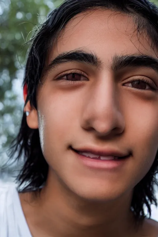 Image similar to close up headshot of an androgynous Hispanic teen with medium length slightly wavy black hair a wide smile brown eyes a small nose tidy plucked eyebrows dark brown eyes and a diamond shaped face, high resolution film still, 8k, HDR color