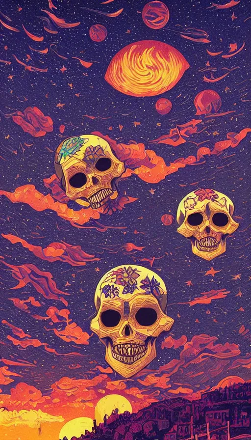 Image similar to Floral skulls floating in starlit sunset sky, italian futurism, Dan Mumford, da vinci, Josan Gonzalez