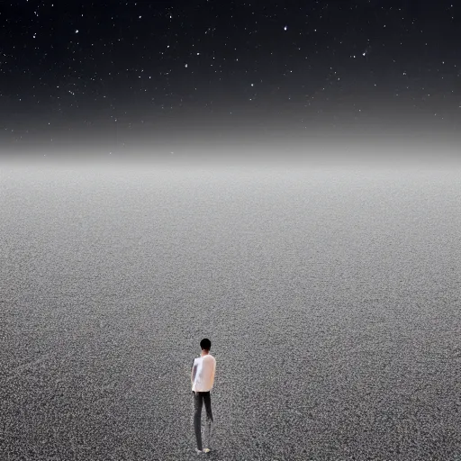 Prompt: a person floating in the blackness of space, stars twinkle and dance in the background, lonesome, wide shot, background, space, minimalist, realistic, no color