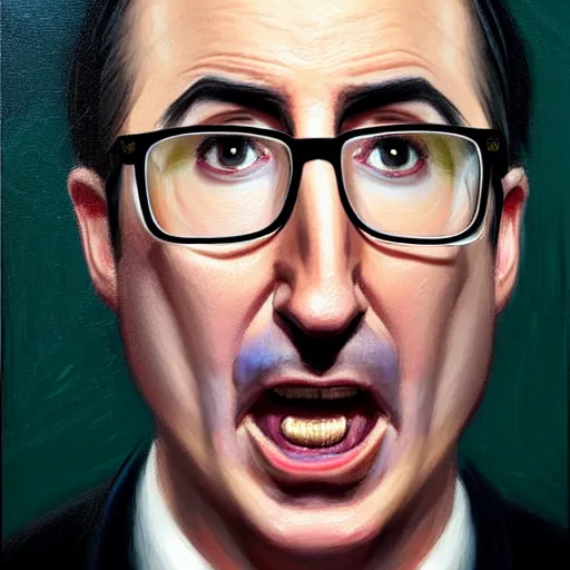 Prompt: Facial portrait. John Oliver, looking at the camera, disgusted. fear inspiring mood, intimidating, extremely detailed painting. by Greg Rutkowski and by Henry Justice Ford and by Steve Henderson.