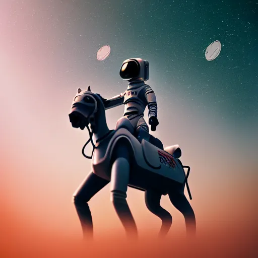 Image similar to photography of anthropomorphic horse riding on top of an astronaut horse back. from western by hiroyuki okiura and katsuhiro otomo and alejandro hodorovski style with many details by mike winkelmann and vincent di fate in sci - fi style. volumetric natural light photo on dsmc 3 system,