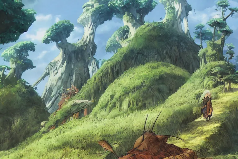 Image similar to land overtaken by nature, nausicaa, painting, giant fantasy animals, watercolor, concept art, studio ghibli, by hayao miyazaki