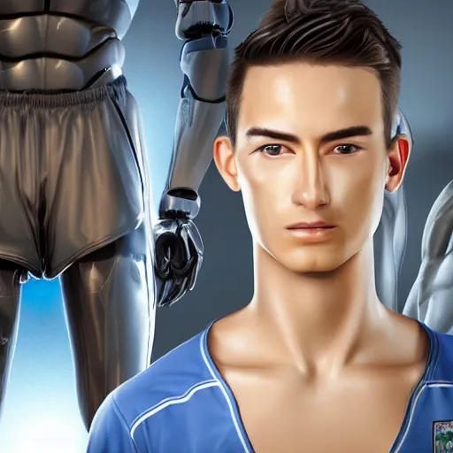 Image similar to a realistic detailed photo of a guy who is an attractive humanoid who is half robot and half humanoid, who is a male android, attractive and handsome soccer players, shiny skin, posing like a statue, blank stare, in a factory, on display, showing off his muscles, wearing soccer shorts, side view, looking at each other mindlessly