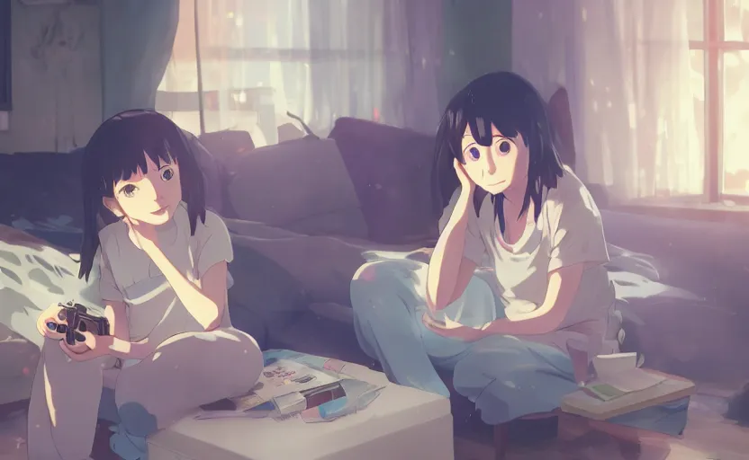 Image similar to a girl in her pajamas playing video games, anime scene illustrated by Makoto Shinkai, 4k, digital art