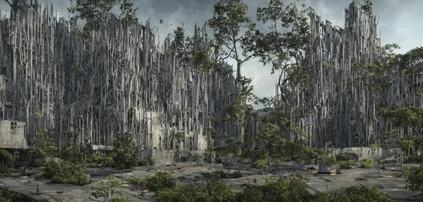 Image similar to an extremely detailed cathedral of brutalist architecture, surrounded by lush green vegetation, stunning volumetric lighting, sunset, rusted metal, concrete, translucent material, stunning skies, scattered rubbish and debris, 8k, photorealistic, hyper detailed, unreal engine 5, IMAX quality, cinematic, epic lighting, digital painting in the style of DOOM and Quake, by Greg Rutkowski, trending on Artstation