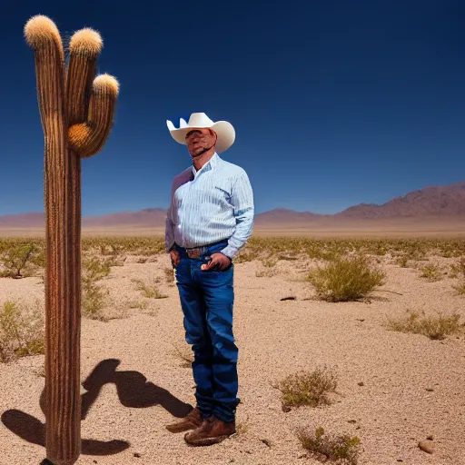 Image similar to cinematic shot of jeffery epstein wearing cowboy clothes and standing in the mojave desert, very detailed, very intricate, dslr,