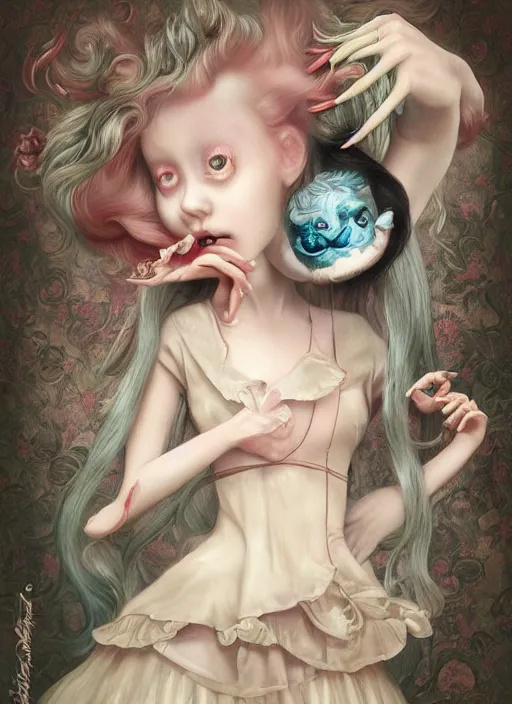 Prompt: pop surrealism, lowbrow art, realistic cute alice girl painting, japanese street fashion, hyper realism, muted colours, rococo, natalie shau, lori earley, tom bagshaw, mark ryden, trevor brown style,