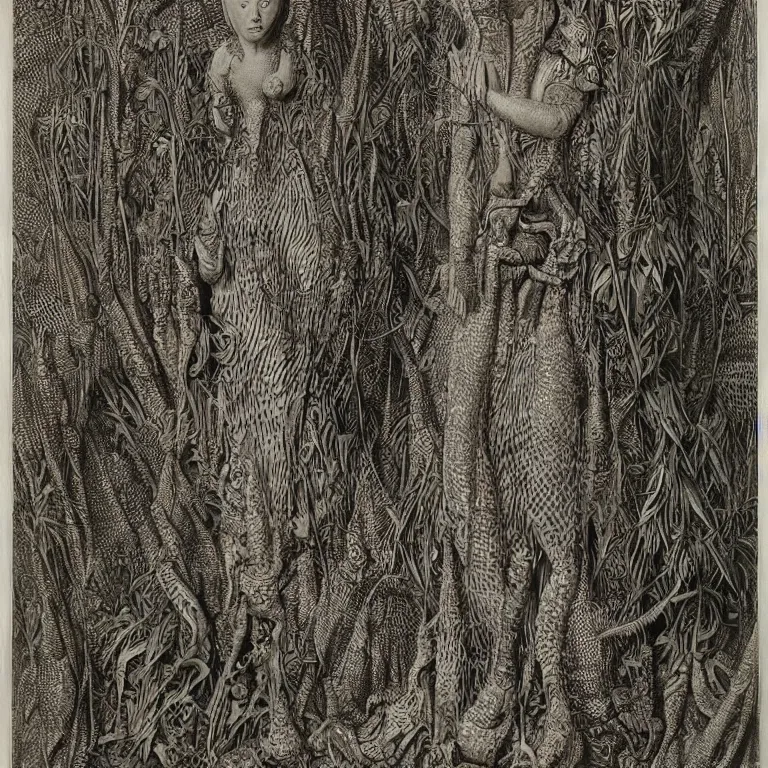 Prompt: a animalistic woman with her skin covered in patterns, fish scales, snake skin, her face looks like a orchid, huge plants tower around her, jan van eyck, max ernst