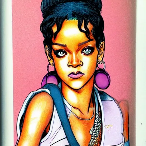 Image similar to a portrait of rihanna drawn by akira toriyama, 8 0 s, pastel color, manga